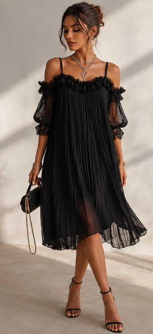Vestido negro de muselina con hombros descubiertos y bordes de encaje