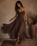 Vestido Largo Vintage de Encaje con Retazos para Mujer, con Tirantes, Cuello en V, Busto Ajustado, Holgado y Fluido, con Volantes en el Bajo, Estilo Bohemio, para Viajes, Fiestas y Eventos Nocturnos