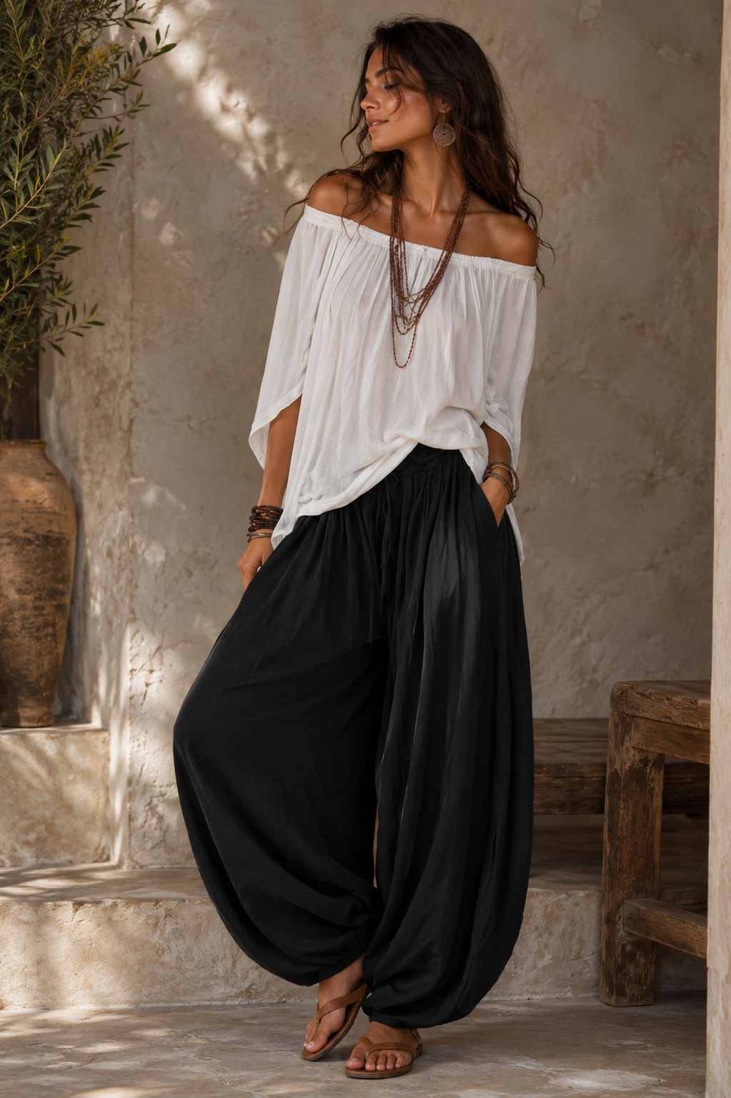 Conjunto Retro Boho de 2 Piezas para Mujer, Blusa con Hombros Descubiertos y Media Manga con Bolsillos + Pantalones Holgados de Cintura Alta, Conjunto Casual para Viajes de Verano