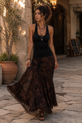 Conjunto de Falda Estampada Retro para Mujer, Chaleco Halter sin Mangas con Cuello en U, Falda Larga Transparente en Capas, Atuendo Bohemio para el Día a Día o Fiestas, Traje de 2 Piezas