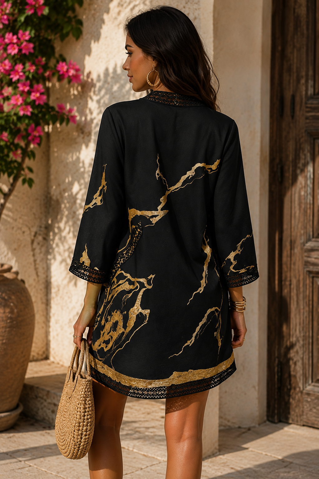 Vestido mini negro con estampado de mármol dorado y encaje de ganchillo