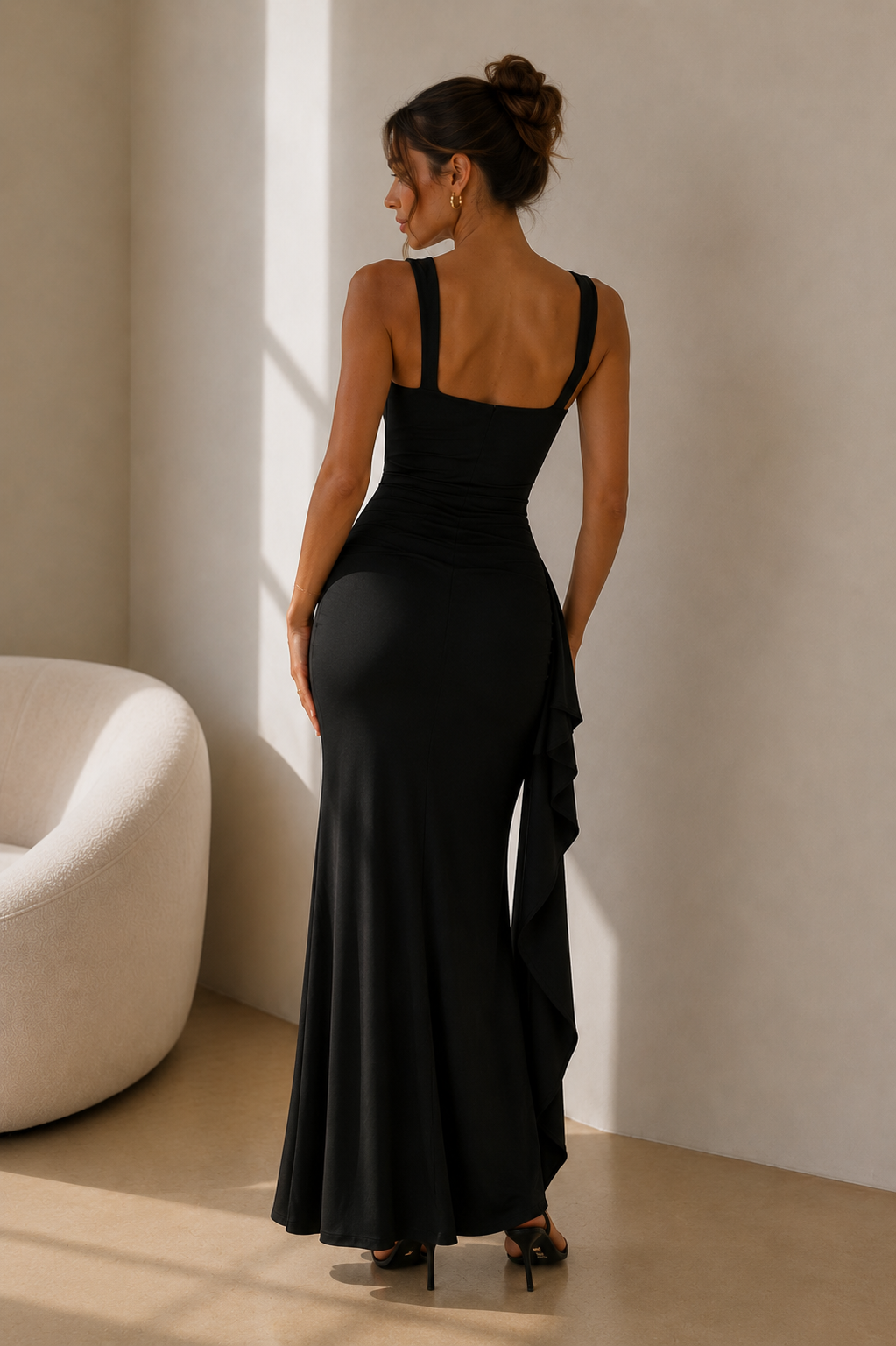 Vestido largo negro con espalda descubierta para mujer, elegante, de verano, con tirantes finos, sin mangas, vestido de noche dividido