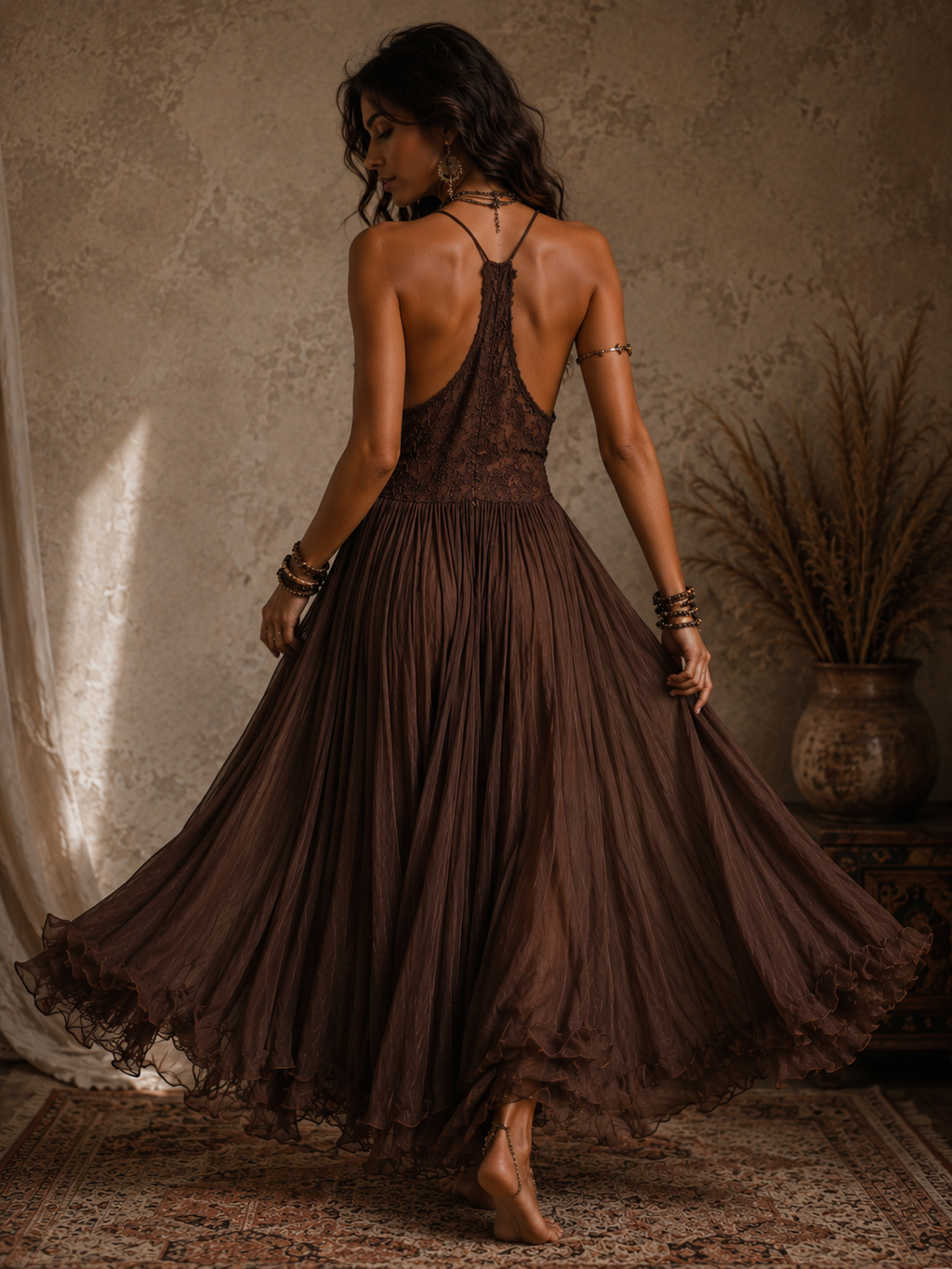 Vestido Largo Vintage de Encaje con Retazos para Mujer, con Tirantes, Cuello en V, Busto Ajustado, Holgado y Fluido, con Volantes en el Bajo, Estilo Bohemio, para Viajes, Fiestas y Eventos Nocturnos