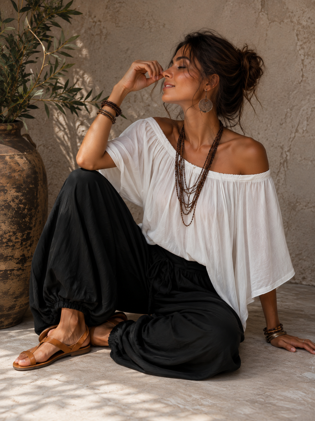 Conjunto Retro Boho de 2 Piezas para Mujer, Blusa con Hombros Descubiertos y Media Manga con Bolsillos + Pantalones Holgados de Cintura Alta, Conjunto Casual para Viajes de Verano