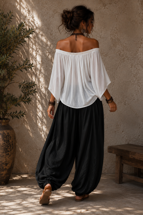 Conjunto Retro Boho de 2 Piezas para Mujer, Blusa con Hombros Descubiertos y Media Manga con Bolsillos + Pantalones Holgados de Cintura Alta, Conjunto Casual para Viajes de Verano