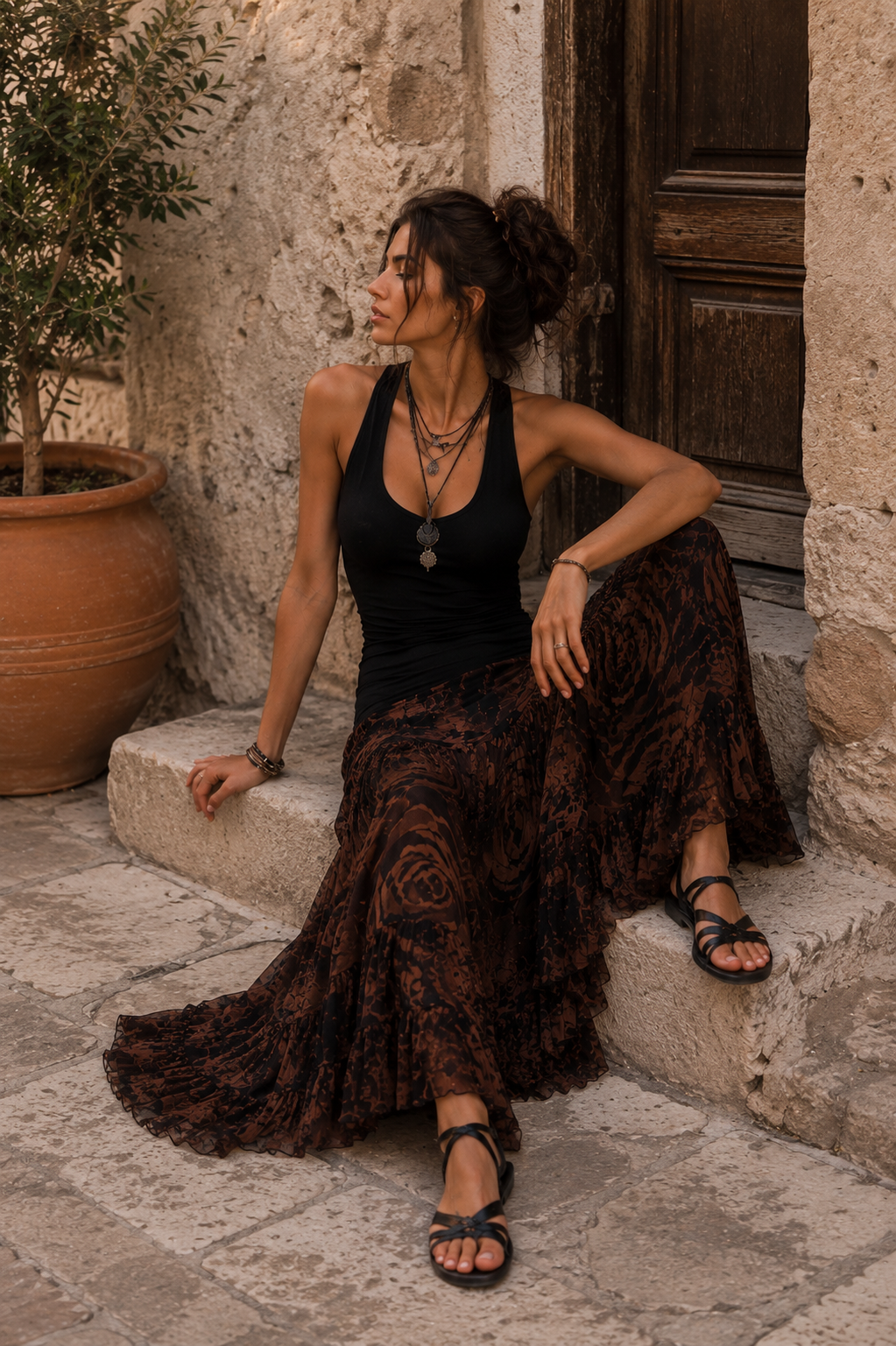 Conjunto de Falda Estampada Retro para Mujer, Chaleco Halter sin Mangas con Cuello en U, Falda Larga Transparente en Capas, Atuendo Bohemio para el Día a Día o Fiestas, Traje de 2 Piezas